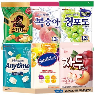 사탕 6종 세트 ( 청포도 스카치 복숭아 애니타임 썬키스트 자두 ) 캔디 모음 snack, 6개, 125g