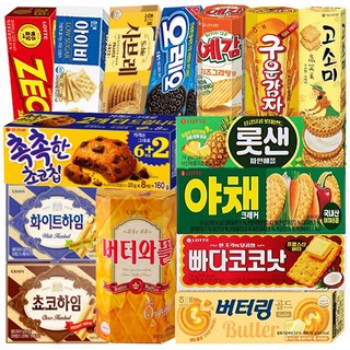 과자 15종 세트 ( 빠다코코낫 롯데샌드 야채크래커 제크 아이비 사브레 버터와플 버터링 고소미 구운감자 예감 오레오 초코 화이트 하임 촉촉한 초코칩 ), 1세트