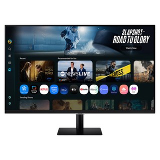 [삼성 스마트모니터 M7 블랙 모델이 책상 위에 놓인 이미지]