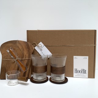 HOOHIT 집들이선물 우드 플레이팅 홈카페 선물세트+쇼핑백, 우드홀더 내열유리컵 345ml 2P, 1세트