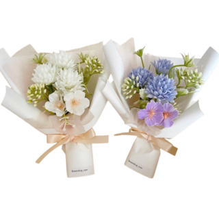 토요플라워 납골당 미니 조화 꽃다발 퐁퐁 국화 추모 꽃장식 2P, 1세트, 화이트+퍼플블루