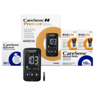 케어센스N프리미어(BLE)혈당측정기+검사지100매+채혈침100개+알콜스왑100매, 1세트