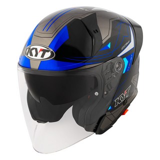 KYT TTR-JET 오픈페이스 가벼운 배달 헬멧 단색 그래픽 데칼 입문 오토바이 KC 인증, 2XL [61-63mm], LED 블랙/블루