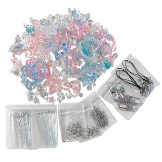 루나베리 비즈 키링 DIY 키트 세트 3컬러 투명 비즈 부자재 T핀 9핀 핸드폰줄 연장고리 포함, 1세트, 3색 투명 비즈 키트