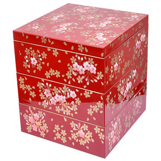 3단 사각 벚꽃 찬합 도시락 (보자기 포함), 1개, 레드