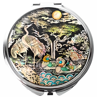 나전칠기 자개 원형 손거울, 원앙송학, 1개