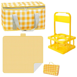 노이조이 감성 돗자리 매트 방수 보냉백 음료캐리어 피크닉 세트, 옐로우