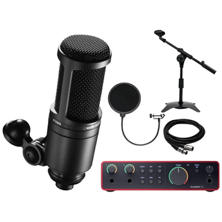 오디오테크니카 AT2020 콘덴서 마이크 포커스라이트 스칼렛 2i2 4세대 오인페, 탁상T자스탠드+팝필터+케이블