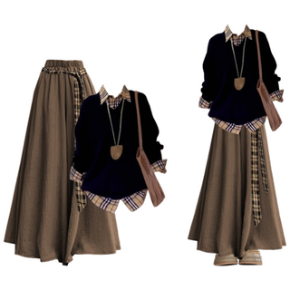 가을 여성 니트배색 롱 원피스 세트 세련된 하객룩 스타일 편안한 착용감 데일리 정장 원피스세트 고급스러운 디자인