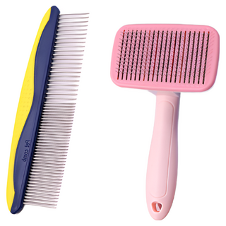 슬기로운멍냥이 반려동물 빗 슬리커 + 듀얼콤 셋트 비숑 푸들 강아지 고양이 엉킨털제거, 2세트, 블루랑핑크