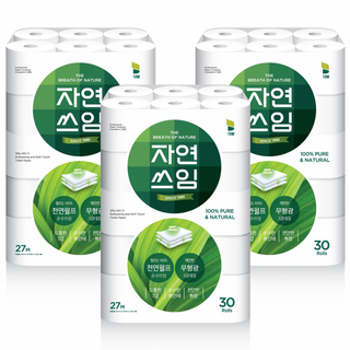 자연쓰임 천연펄프 화장지 그린 3겹 27m 30롤 3팩 총 90롤, 3개