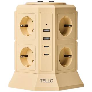 텔로 과부하차단 USB 타워 컬러 멀티탭 12구 KC인증 접지 안전 고급 멀티탭 선정리 가능한 인테리어 예쁜 귀여운 디자인 C타입 콘센트, 2m, 크림레몬, 1개