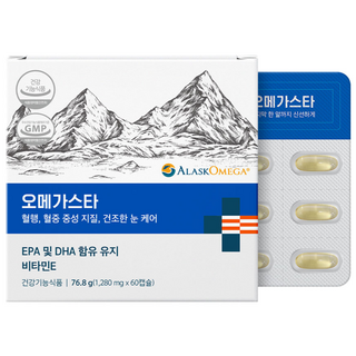 오메가스타 1280mg 순도80% 신선한알래스카 오메가3 비린내 없는 장용성캡슐, 1개, 60정