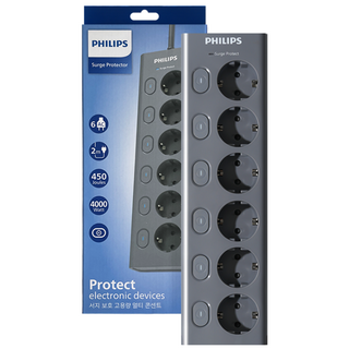 필립스 멀티탭 맥스 서지보호 6구 고용량 개별스위치 과부하차단, 2m, 그레이 CHP6760GA, 1개