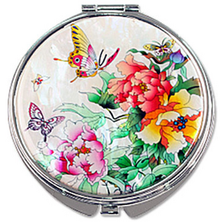 나전칠기 자개 원형 손거울, 나비목단 백, 1개