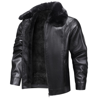 KOPN 기모 두꺼운 가죽옷 남자 털넥 면옷 남자 방풍 방수 아빠복 비즈니스 외투 중장년 남성 터틀넥 가죽 재킷남