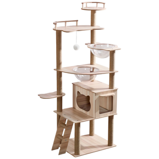 Pawprint 캣타워 고양이 스크래쳐 안정적인 원목 구조로 튼튼하고 견고함 다층 구조로 다양한 놀이와 휴식 공간 제공 대형 및 소형 고양이 모두 사용 가능 실내 인테리어에, 1개, 나무 색상