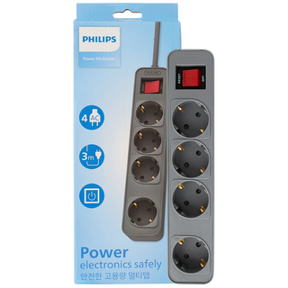 필립스 고용량멀티탭 4000W 워크탭 과부하차단, 3m, 올그레이 4구, 1개