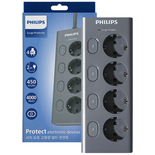 필립스 멀티탭 맥스 서지보호 4구 고용량 개별스위치 과부하차단, 1개, 그레이 CHP6740GA, 2m