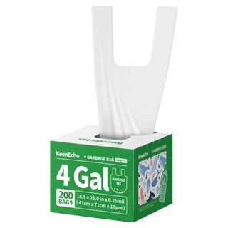 KeenEcho 흰색 미니 손잡이 쓰레기봉투 무향 HDPE 누수방지 찢어짐방지 주방 침실 욕실 화장실 사무실용, 200개, 15L