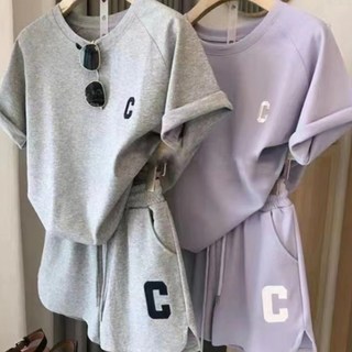 1+1 여성 트레이닝 세트 여름 루즈핏 반팔 티셔츠+핫팬츠 반바지 레터링 자수 실내복 캐주얼 상하의 투피스 세트