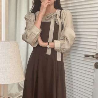 루어스룸 킨더 여자 라운드넥 가을 어깨 셔링 긴팔 리본 매듭 쉬폰 타이 하객룩 블라우스