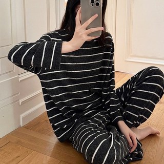 [블랑커브]오버핏 피치기모 스트라이프 여성잠옷 잠옷 여성수면잠옷 수면잠옷 여성겨울잠옷 가을잠옷 겨울잠옷 파자마 홈웨어 여성파자마 홈웨어 (긴팔+긴바지)