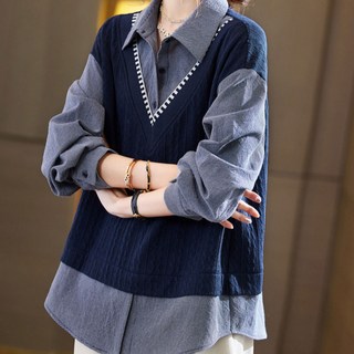 맵시난다 여성 레이어드 상의 블라우스 브이넥 투인원 카라 니트 조끼 셔츠 U24