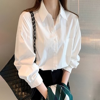 봄가을 데일리 루즈핏 캐주얼 디자인감 화이트 긴팔 포켓 셔츠 여성용 여성 슬림핏 카라넥 블라우스
