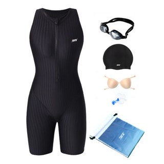 여성 실내 강습 반전신 반소매 민소매 원피스 수영복 + 수경 + 수모 6종 세트