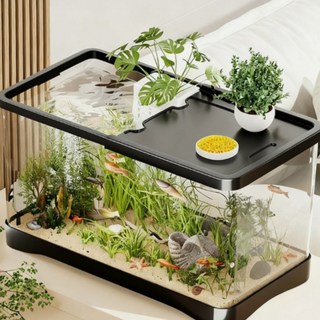 신소재 초고강도 충격방지 크리스탈 클리어 어항 & 거북이 테라리움 에코 어항 세트 (뚜껑+장식 포함), 1세트, 블랙