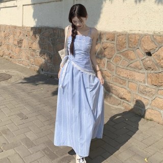 [Bahn] 로지 리본 레이스 체크 롱 원피스