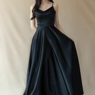 블랙 슬립 풍성 에이라인 새틴 드레스