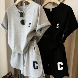 1+1 여성 트레이닝 세트 여름 루즈핏 반팔 티셔츠+핫팬츠 반바지 레터링 자수 실내복 캐주얼 상하의 투피스 세트