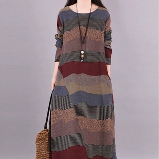 Asure 여자 빈티지 린넨원피스 스트라이프 루즈핏 라운드 롱원피스