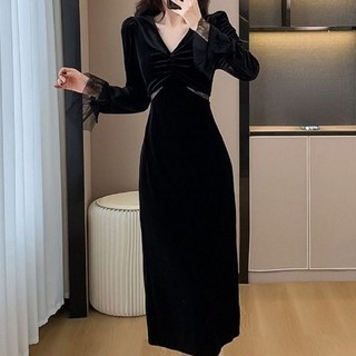 해피유통 여성 블랙 슬림 롱슬리브 원피스 브이넥 레이스 장식 wjq