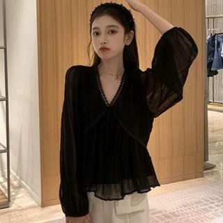 셔링 쉬폰 브이넥 시스루 블라우스 셔츠 데일리 데이트룩 하객룩 오피스룩