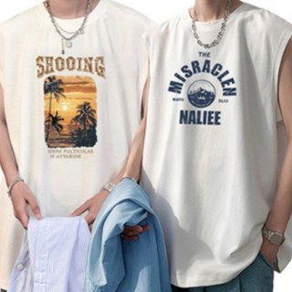 [1+1]별하늘 순면의 남성 냉감 여름 민소매 티셔츠 오버핏 라운드 프린트 나시