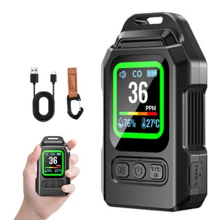 일산화탄소 경보기 측정기 감지기 휴대용 차량용 캠핑용 밝기조절 온습도 표시, 블랙