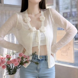 여성 니트 가디건 코사지 라운드 여름 자외선차단 루즈핏 시스루 카디건 20389