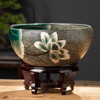 옹기 수반 도자기 원형 항아리 연꽃 화분 돌 수련 어항 인테리어 조경 실내, 소형 24cm 짧은받침대포함, 1개
