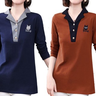 ROYALBELLE 2장묶음 여성 카라넥 긴팔 티셔츠 빅사이즈 하프기장 상의 엄마옷 캐주얼룩 V30612