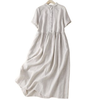 여성 시원 편안 린넨 소재 오버핏 A라인 롱 원피스 캐주얼한 디자인 봄 여름 가을 매력 반팔 스타일 활동적 일상 생활 안성맞춤 새로운 시즌스타일링