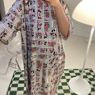 [디즈니 정품] 여성용 미키 카툰 냉감 쿨원단 롱원피스 홈웨어 파자마