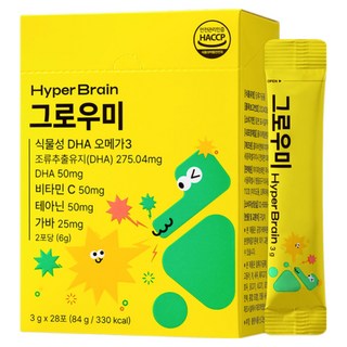[공식몰] 하이퍼브레인 그로우미 팝핑 분말 키즈 오메가3 테아닌 가바 비타민, 1박스, 84g