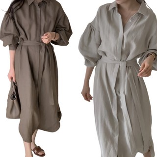 소솜 여성 간절기 린넨 셔츠 원피스 루즈핏 롱 긴팔 벌룬소매 출근룩