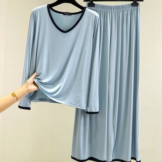 여성 부드러운 모달 수면잠옷 세트 고탄력 브이넥 긴팔 상하의 홈웨어 실내복