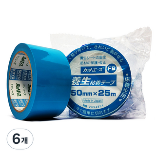 커트에이스(파랑) CFB 50mmx25m 끈적이 적은 무잔사 이지컷 마스킹 보양테이프, 6개
