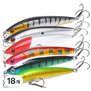 미노우 하드베이트 6종 세트 루어 낚시용품 채비 미끼 / 농어 삼치 광어, 18개, 7.5g, 흰빨 투톤