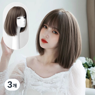 상덕 단발머리 패션 통가발 내추럴 숏컷 쇄골발, 쿨 브라운, 3개
